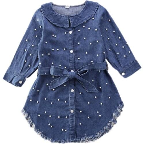 New Kids Blue Pearl Bowknot Denim Jeans Baby Girl Long Sleeve T-Shirt Girls Dress Kid Coat Toddler Clothes