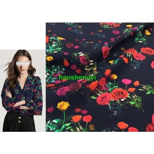 New product navy blue bottom colorful small rose printing mulberry silk garment fabric