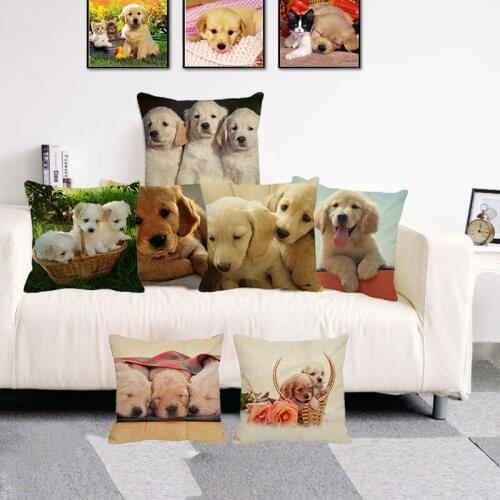 XUNYU Cute Pet Cushion Cover Little Golden Retriever Throw Pillow Case Linen Cushion Cover Child Sofa Bed Decorative Pillowcase