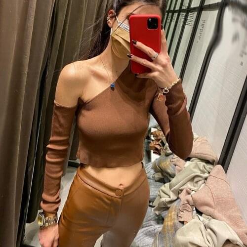 Spring Brown One Shoulder Women Sexy Sweater Za 2021 Femme Chandails Spring Fashion Jumper Mujer Crop Tops Zora mujer suéteres