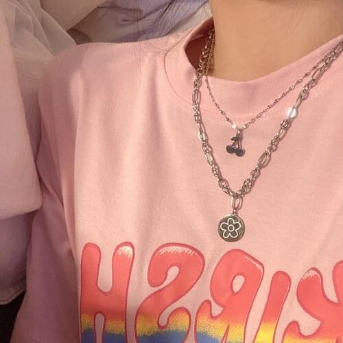 Y2K Jewelry Double Flower Cherry Necklace for Women Metal Cool 90s Aesthetic Harajuku Vintage Necklace Charms Gifts 2021