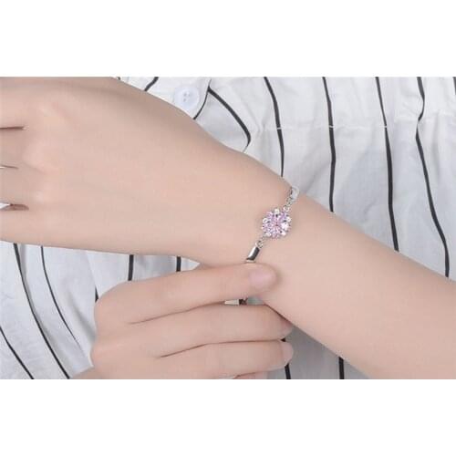 LUKENI Cute Pink Crystal Cherry Blossoms Women Bracelets Jewelry Trendy Silver 925 Girl Anklets Bracelets Lady Christmas Gift