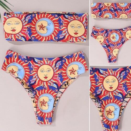 Female Sexy Open Back Wrap Chest Split Swimsuit Female Print High Waist Bikini Red