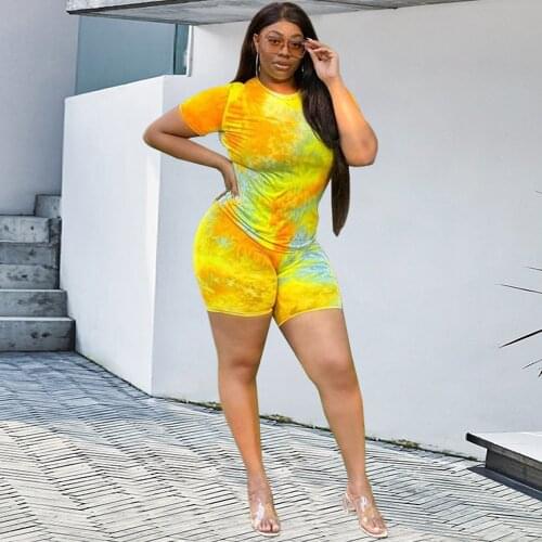 XL-4XL Tie Dyeing Print Womens Sport Suit Casual Short Sleeve O-neck T-shirt and Skinny Short Fashion Fitness Two Piece Sets