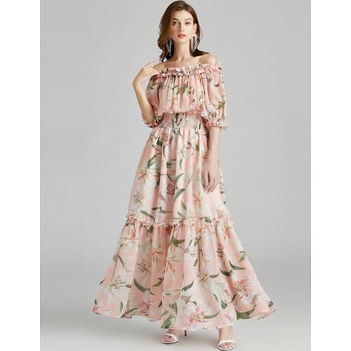 Boho Lily Floral Print Ruffles Summer Maxi Dress Women Sexy Off Shoulder Elastic Waist Pink Chiffon Long Beach Holiday Vestidos