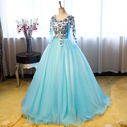 100%real luxury light blue flower leaf embroidery rhinestone beading ball gown medieval Renaissance Gown Victorian Belle ball