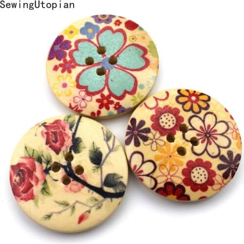 20PCS 30MM Mix Mixed Round Flower Wooden Buttons Flatback Cabochon Scrapbooking Crafts Wood Knopf Bouton Decor Diy Accessories