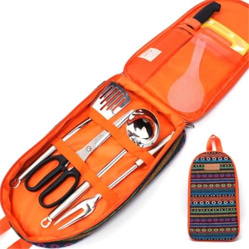 7PCS/Set Outdoor Cookware Stainless Steel Knives Scissors Cooking Utensils Mini Cutting Board Kit Poratable Picnic Cutlery Bag