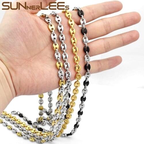 SUNNERLEES 316L Stainless Steel Necklace 5~11mm Coffee Beans Link Chain Gold Black Silver Color Men Women Jewelry Gift SC13