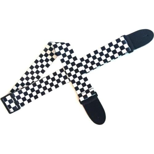Black and White lattice Print Jacquard Strap with Leather Ends Adjustable Buckle Strap for folk/acoustic/classical guitar