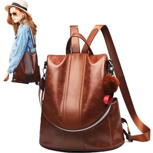 2021 Soft PU Leather Travel Bags Students Bags Solid Color Womens Backpack Fur Ball Hanging Casual High-capacity School Bags