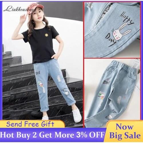 3-13 Years Girls Jeans Girls Spring Autumn Elastic Force High Quality Children Pants 2020 New Cartoon Rabbit Elastic Waist Jeans