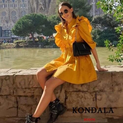 KONDALA Women Dress Za 2021 Fashion Ruffles Casual A-Line Mini Dress Puff Sleeve Button Shirt Dresses Female Elegant Vestidos