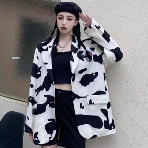 Korean ins Harajuku cow suit coat autumn new vintage womens loose top gothic Streetwear fashion casual punk womens jacket