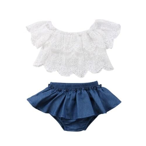 2Pcs Baby Girl Lace Crochet Sunsuit Clothing Sets Toddler Baby Girls Princess Summer Set T-shirts Tops+Shorts Pants Tutu Skirts