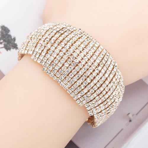 Fashion Rhinestone Gold/Silver Color Belly Dance Bracelet Female Crystal Multi-Layer Cuff Bracelet Bling Wedding Jewelry Gift