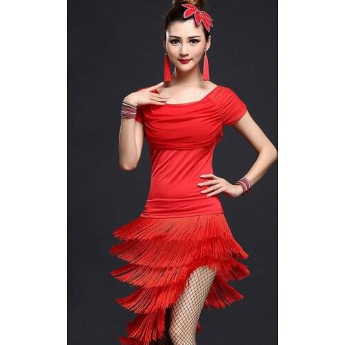 2018 Fashion Womens Slim Tasseled Latin Salsa Dancewear Dance Costumes Top&skirts