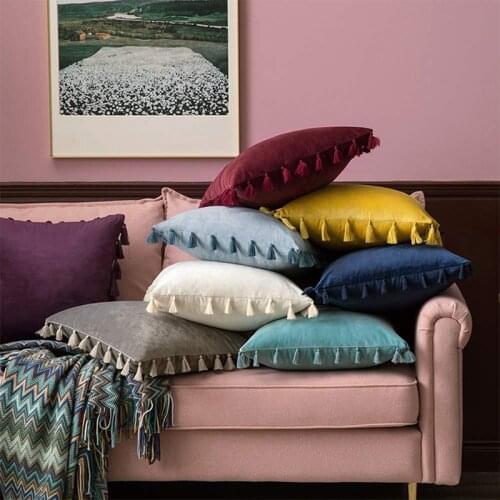 Soft Velvet Tassels Cushion Cover Pink Grey Beige Green Pillow Cover Bedroom Sofa Decoration PillowCase 30x50cm/45x45cm Pillows
