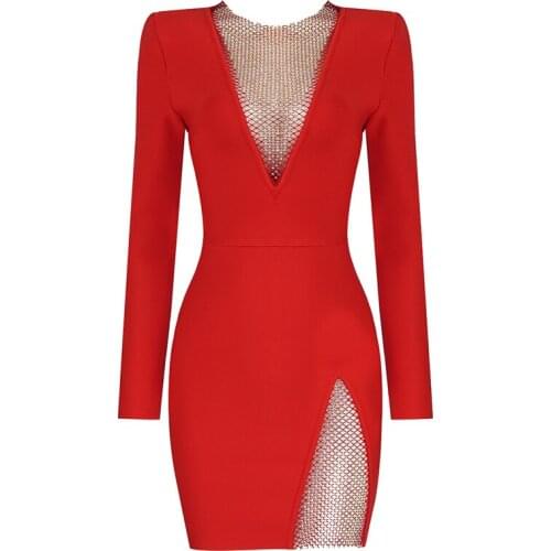 2021 New Women Winter Fashion High Quality Black Red White V Neck Diamonds Split Mini bandage Dresses Wholesale