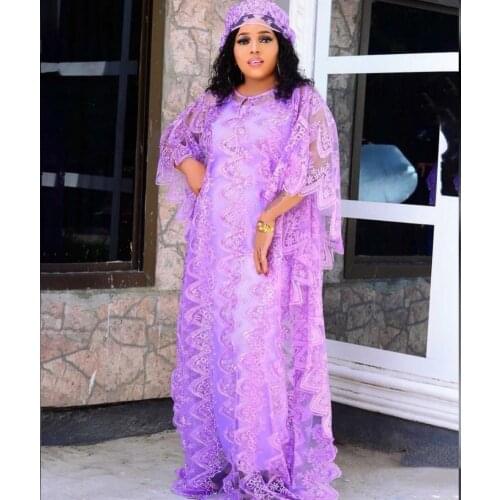 New Style Womens Fashion Classic Design African Nigeria Dashiki Abaya Net Fabric Lace Free Size Loose Long Dress Inside Scarf