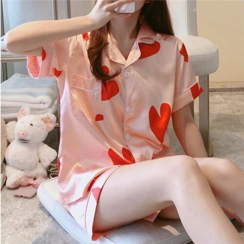 CAIYIER Silk Pajamas Set Summer Women Moon Print Sexy Nightwear Short Sleeve Shorts Female Party Sexy Sleepwear Homewear S-XL