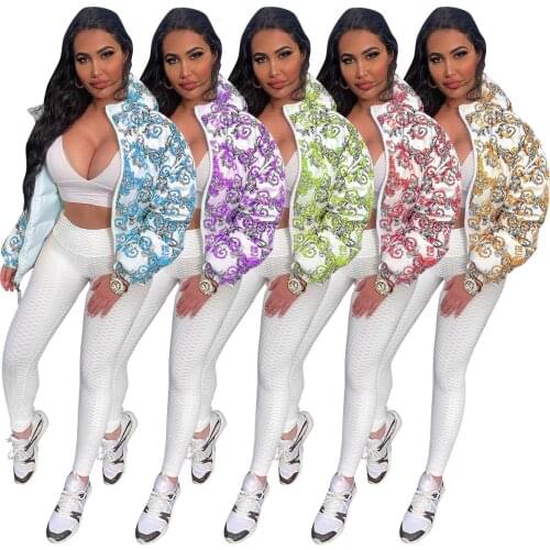 Echoine Women Winter Paisley Print down jacket puffer Coat Zipper Hooded Long Sleeve Warm Coat Outwear classic bubble coat