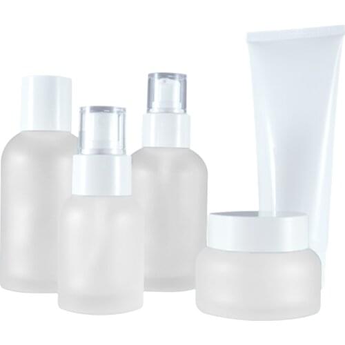 Empty Cosmetic Packaging 50G Cream Jar Plastic White Lid 40ML 100ML 120ML Frost Glass Spray Lotion Pump Toner Refillable Bottle