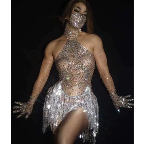 Silver Rhinestone Transparent Bodysuit Headdress Women DJ DS Dancer Prom Wear Birthday Party Celebrate Outfit Jazz Dance Costume