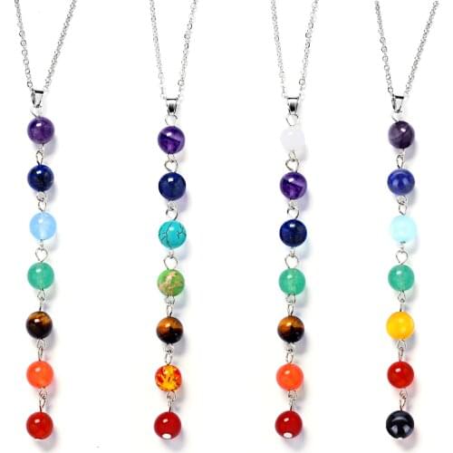 Silver Color Simple Style 7 Chakra Multicolor Natural Stone Beads Pendant Necklace Long Chain For Women Charm Collier collares