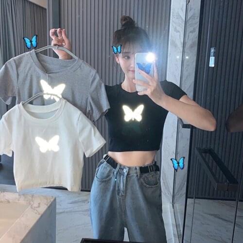 Reflective Butterfly Short-sleeved T-shirt Womens Summer 2021 New Short Slim Bottoming Shirt Exposed Umbilical Sexy Top T-shirt