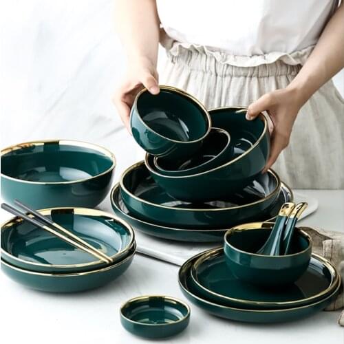 Dark Green Set of Dishes Gold Inlay Ceramic Steak Food Dishes Dinner Plates Bowl Household Tableware vajilla completa de platos