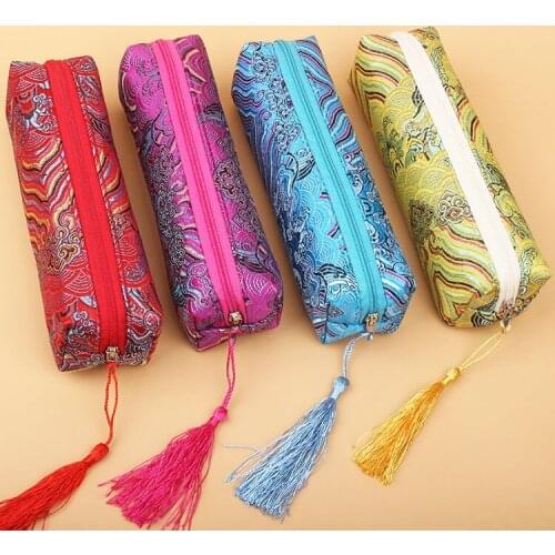 Vintage Wave Long Zipper Bag Travel Tassel Silk Brocade Necklace Jewelry Gift Bag Cosmetic Makeup Pencil case Storage Pocket
