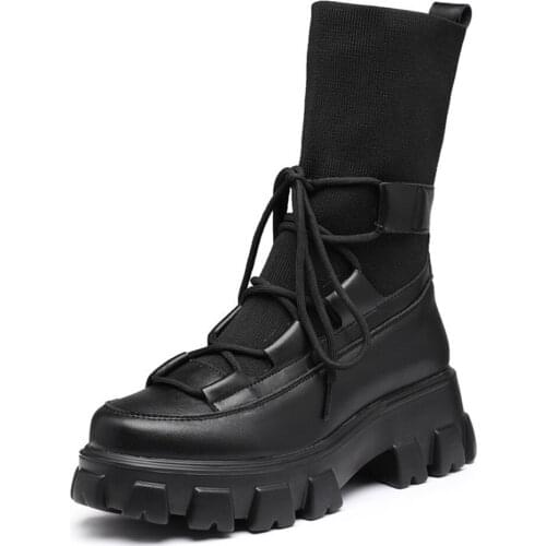 Knitted Wool Ankle Boots Women 2020 Autumn Winter Leather Casual Womens Shoes New Fashion Lace-up Platform Ladies Socks Shoes