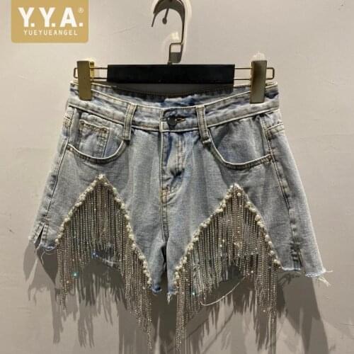High Street Sexy Denim Shorts Women Asymmetrical Crystal Tassel Pearls Retro Jeans Summer Hotpants High Waist Wide Legged Shorts