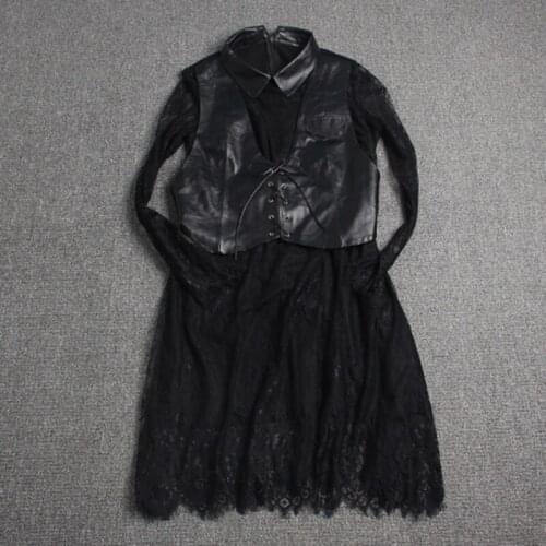 2020 New Women Real Leather Spliced Lace Elegant Slim Mid Sheepskin Casual Dresses Fashion Party Long Sleeve Dress