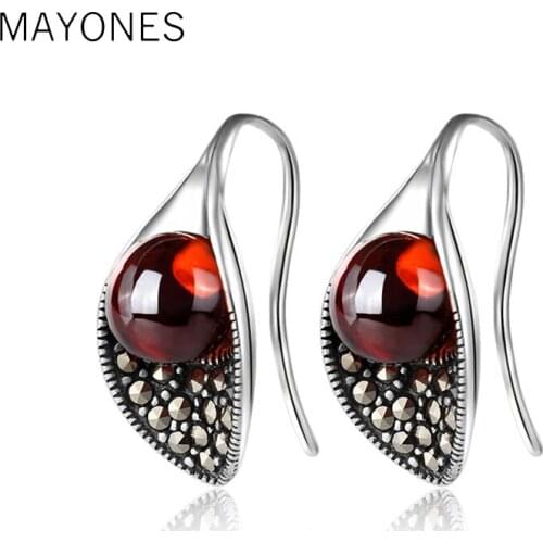 MAYONES S925 Sterling Silver Red Garnet&Green Agate Earring for Women Wedding Party Luxury Vintage Thai Silver Jewelry