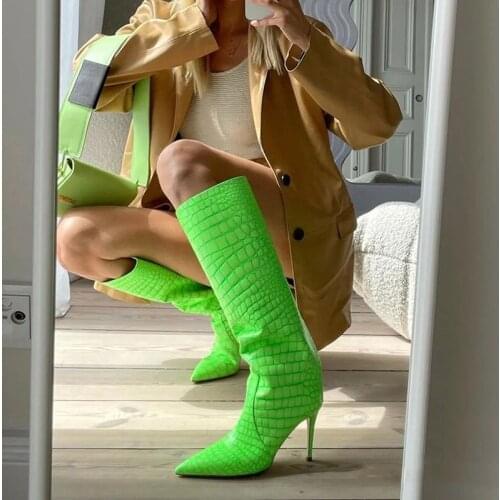 Pointed Toe Solod Color Genuine Leather Women Mid Calf Boots Crocodile Pattern Female Knight Boots Stilettos Heels Mujer Shoes