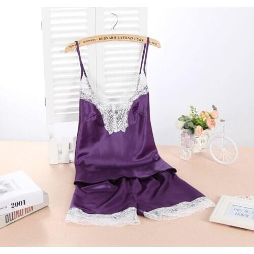 Two Pieces womens Pijama Set Free Shipping 2016 New Design Summer Style v-neck Pajamas Set Silk Nightwear With Short Pants Hot