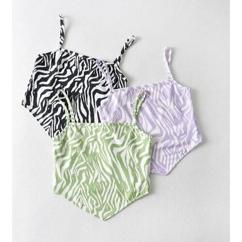 Vintage Irregular Hem Zebra Pattern Camisole Womens Sexy Skinny Backless Lace-Up Tank Camis Femme Summer Street Cropped Top