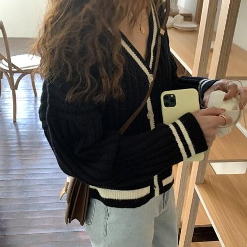 LMQ NEW Black White Contrast Color Hollow V Neck Knitted Cardigan Womens Spring 2021 Korean Chic Loose Lazy Sweater Jacket Tops