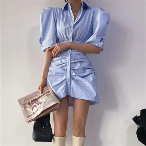 2021 Womens Puff Sleeve Short Shirt Dress New Street Trendy Slim Slimming Bag Hip Puff Sleeve Pleated Ladies Dress Clothing