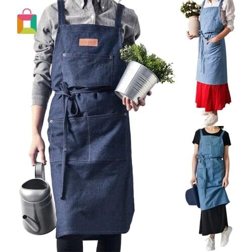 Halter Style Women Dress Sleeveless Denim Canvas Pocket Apron Adjustable Baking Chefs Kitchen Coffee Cooking BBQ APRON