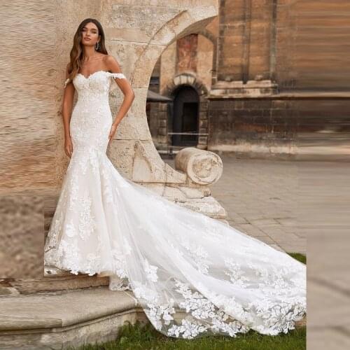 High Fashion Mermaid Lace Back Out Bridal Wedding Gowns Sweetheart Off Shoulder Sleeve Wedding Dresses for Bride Appliqued