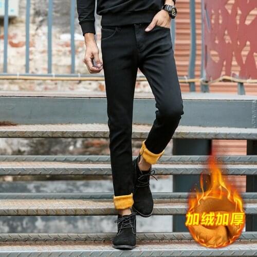 Winter New Slim Jeans Mens Warm Jeans Business Casual Elasticity Thick Slim Denim Pants Brand Trousers Black Plus Size