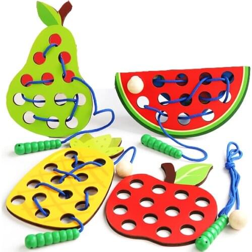 4pcs Wooden Insect Eating Fruit Toy Childrens Educational Montessori Training Fine Movement Apple Watermelon Toy Birthday Gift