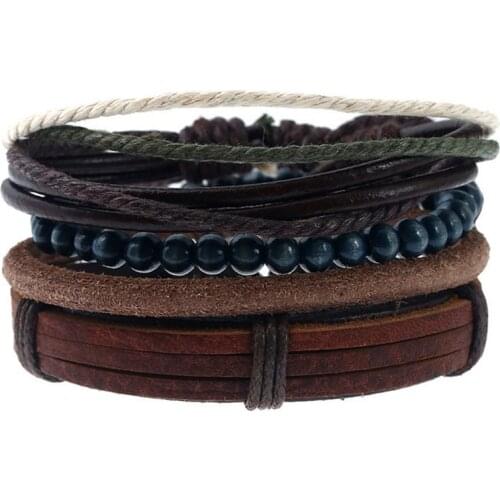 4pcs/set hippie punk brown Leather thick cord rope navy blue wood Bead Layers stackable wrap Bracelet Bangles Unisex Jewelry