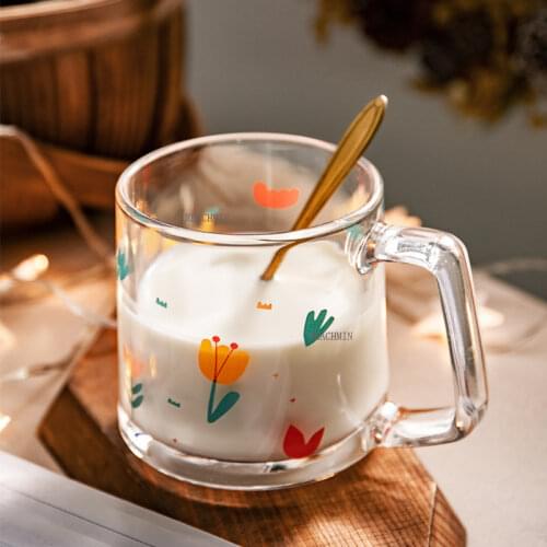 3 Models Patterns 350Ml Korean Tulip Daisy Wine Glass Juice Cup Printing Rose Cosmos Flower Coffee cup Drinking Set Gift