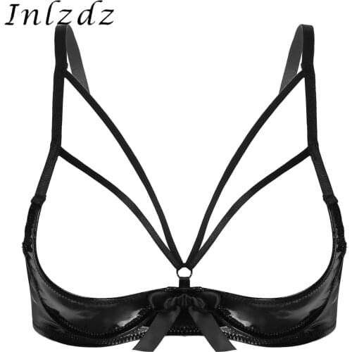 Women Erotic Lingerie Open Cup Bra Underwear Bowknot Underwired Patent Leather Sexy Bra Tops Adjustable Shoulder Strap Brassiere