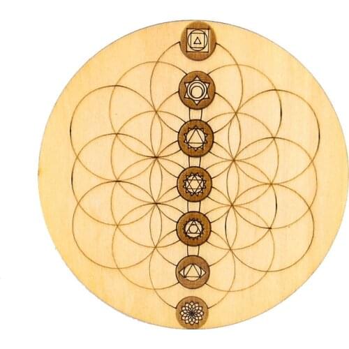 10CM Flower of Life Mini Wood Plate 7Chakra Energy Stone Display Board Base Mat Coaster Hold Reiki Healing Fengshui Gift Decor
