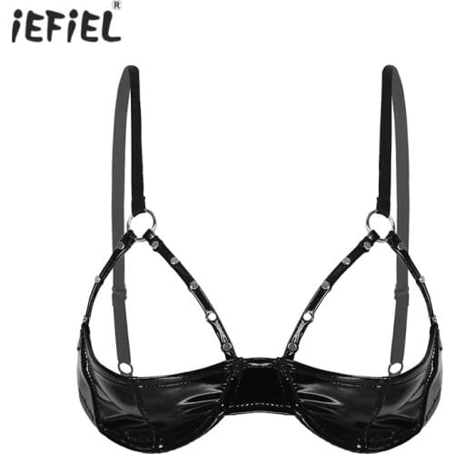 Womens Bra Push Up Open Cups Sexy Lingerie Bras Bustier Underwear Black Shiny Patent Leather Underwire Sissy Bra Top Nightwear